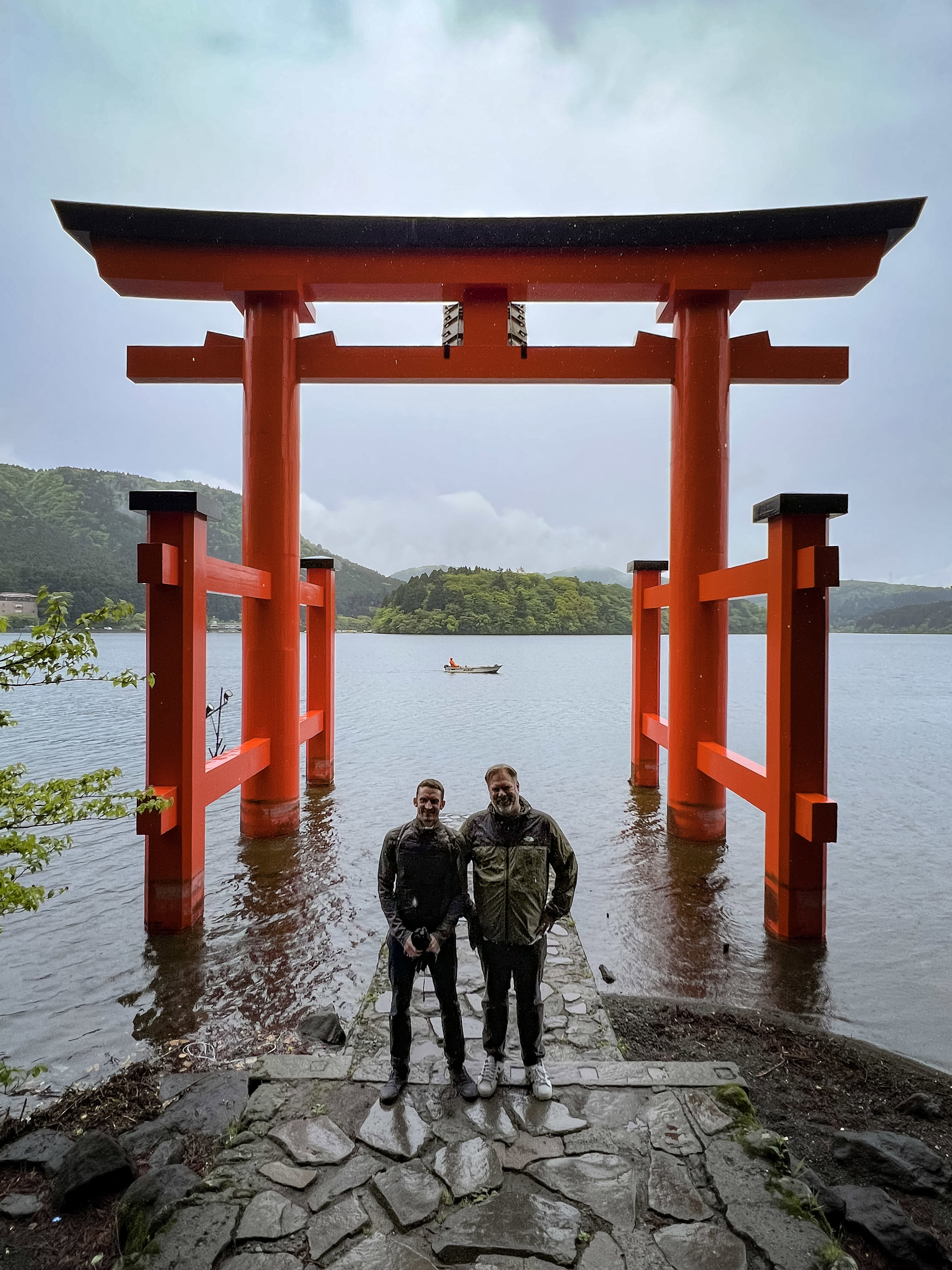 The author (and friend) on a wet day in Hakone